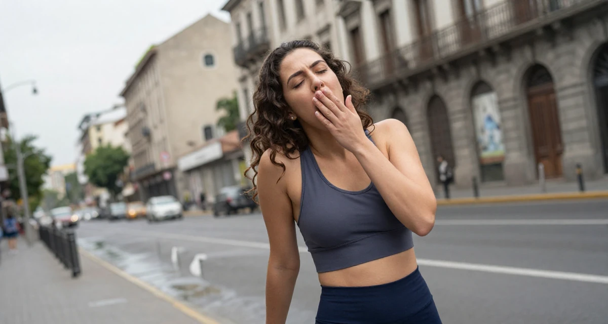 A relaxed and happy Female From Chile, based in Santiago, graduated from a communication college majoring in aesthetic storytelling in their 25, pretending confidence while filming take after take, wearing a fitted athletic wear, stifling a yawn in a urban street.