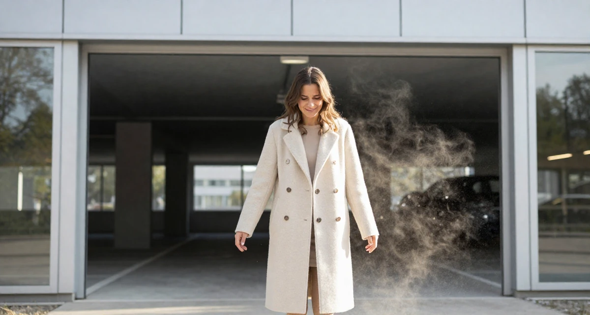 A satisfied Female From Munich Germany, studied mechanical engineering in their 21, feeling the anxiety of impending graduation, wearing a elegant woolen coat styling, kicking up dust playfully in a underground parking garage.