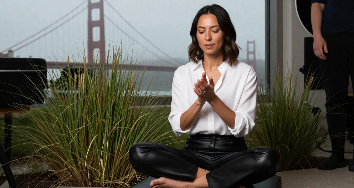 A grounded Female Once a junior chemist, now exploring creative body-lighting concepts in their 31, finding joy in small daily rituals, wearing a black leather trousers and a crisp white blouse, playing with a ring on a finger in a home interior.