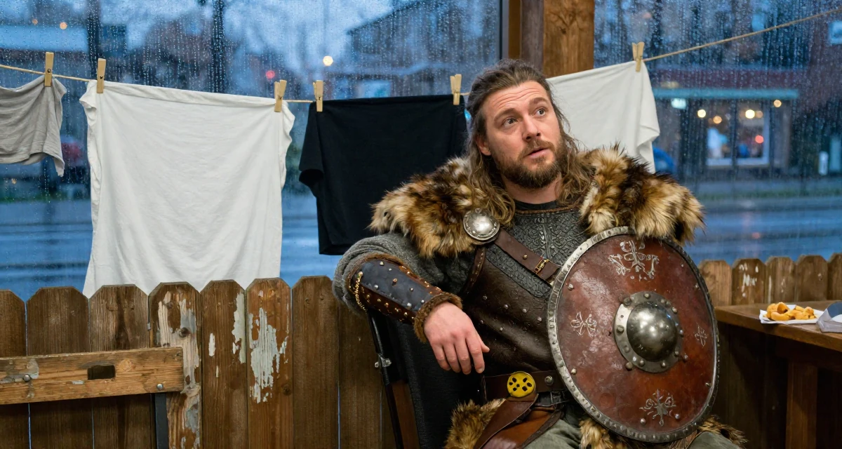 A whimsical male From Hamburg Germany, majored in sociology in their 48, finding purpose beyond motherhood, wearing a viking shield-maiden outfit with fur and leather, holding a snack in a laundromat.