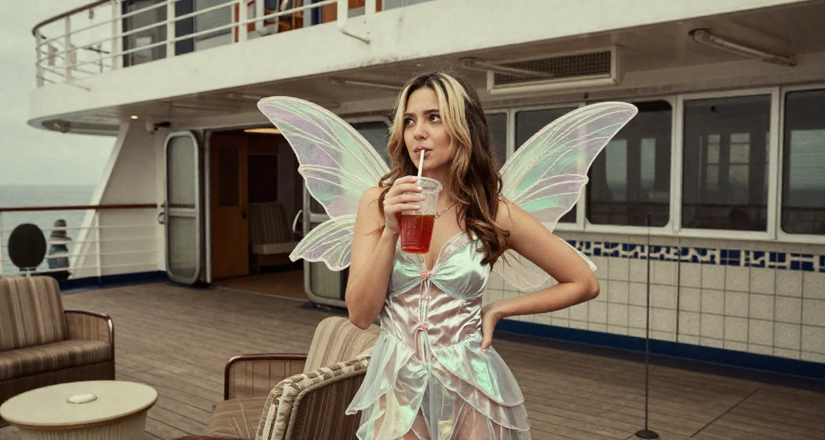 A introspective Female Born in Indonesia, studied brand communication in their 21, trying to act professional at a first internship, wearing a fairy costume with translucent iridescent wings, holding a cold drink in a cruise ship deck.