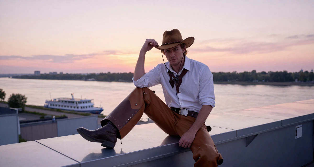 A assertive male From Russia, studied linguistics and translation in their 23, trying to collaborate with other creators for visibility, wearing a wild west cowgirl outfit with chaps and a hat, fixing a loose strand of hair in a rooftop terrace at sunset.