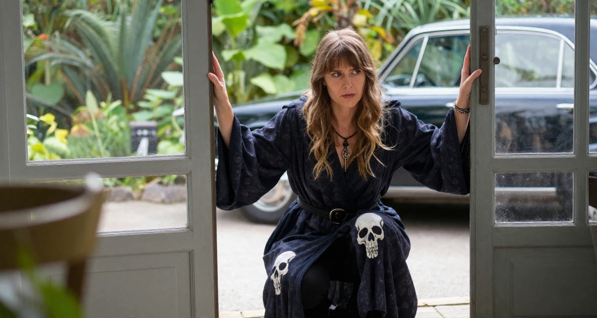 A troubled Female From Stockholm Sweden, holds a degree in product design in their 46, sharing elegant fashion tips for the office, wearing a dark fantasy necromancer robe with skull motifs, leaning against a door in a botanical garden.