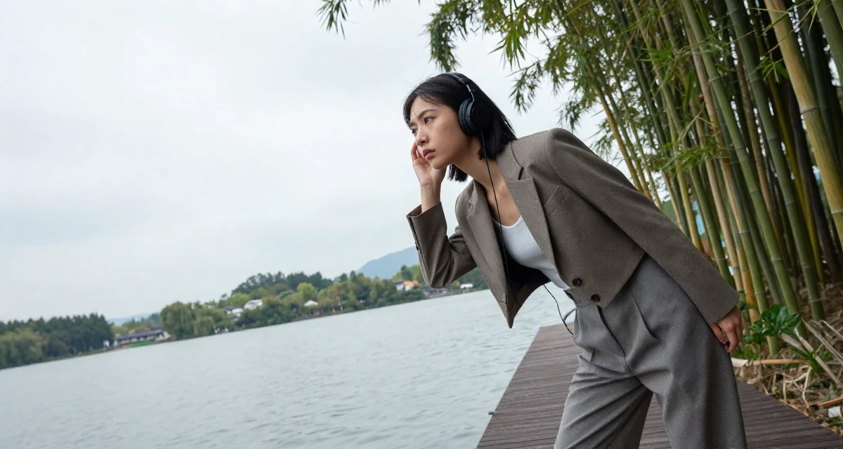 A unimpressed Female Once a university researcher, now creating slow-life intimate content in their 22, realizing that “overnight success” is a lie, wearing a cropped business jacket and high-waisted pants, listening to music with headphones in a serene lakeside dock.
