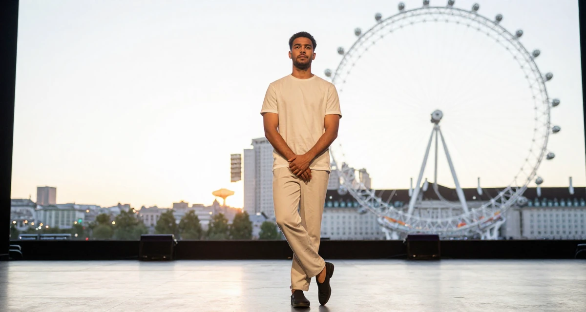 A resilient male From Australia, studied event management in their 23, balancing risk-taking with stability needs, wearing a minimalist everyday clothing, crossing legs in a theater stage.