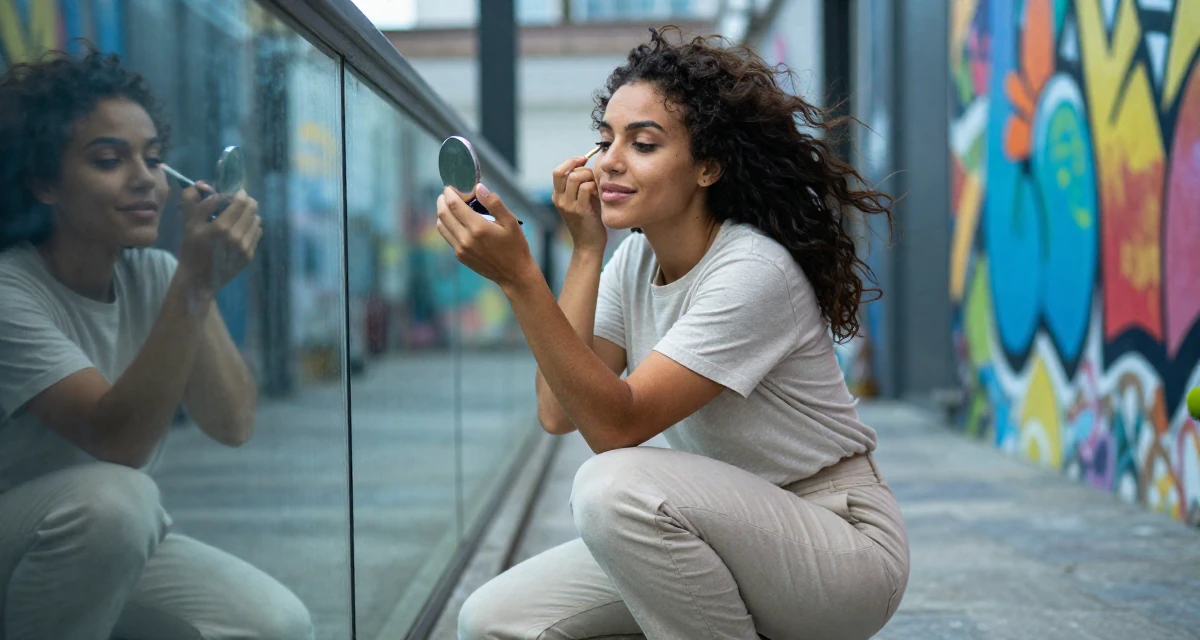 A carefree Female From Jamaica, studied event management in their 26, learning that trends shift faster than energy can keep up, wearing a clean, neutral-toned casual outfit, checking makeup in a compact mirror in a narrow hallway.