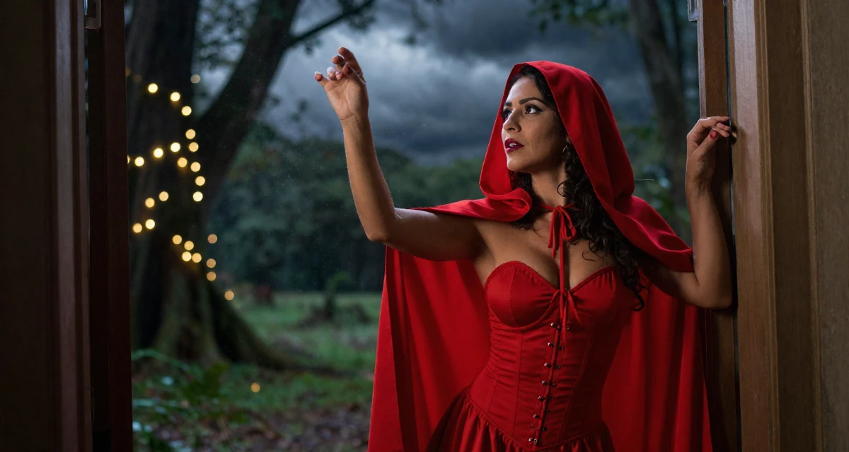 A inspired Female From São Paulo Brazil, practiced samba dance and sensual movement in their 30, feeling established and financially stable, wearing a red riding hood inspired cape and corset dress, picking something up in a magical forest clearing.