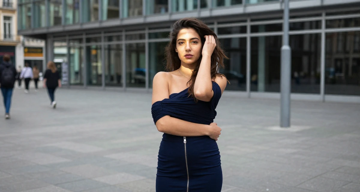 A quietly confident Female From Belgium, studied film production in their 25, embracing full creative control over a bold persona, wearing a pencil skirt with a zipper detail, running fingers through hair in a pedestrian plaza.