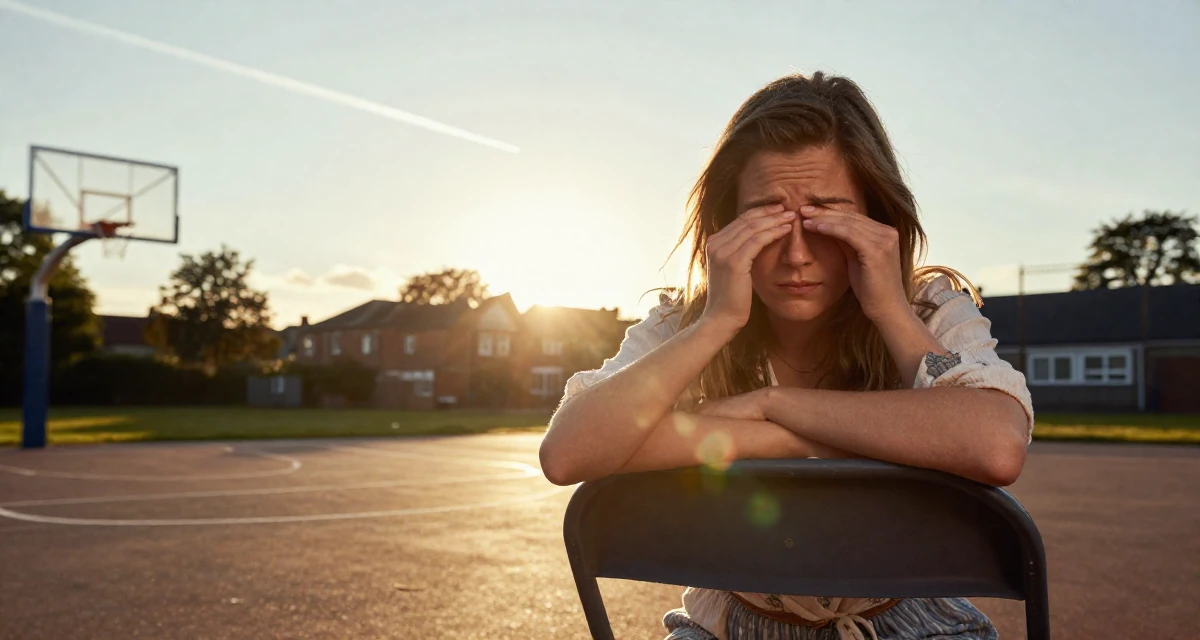 A suspicious Female From Scotland, studied game design in their 24, hiding stress behind carefully curated posts, wearing a breezy summer vacation outfit, rubbing eyes in a basketball court.