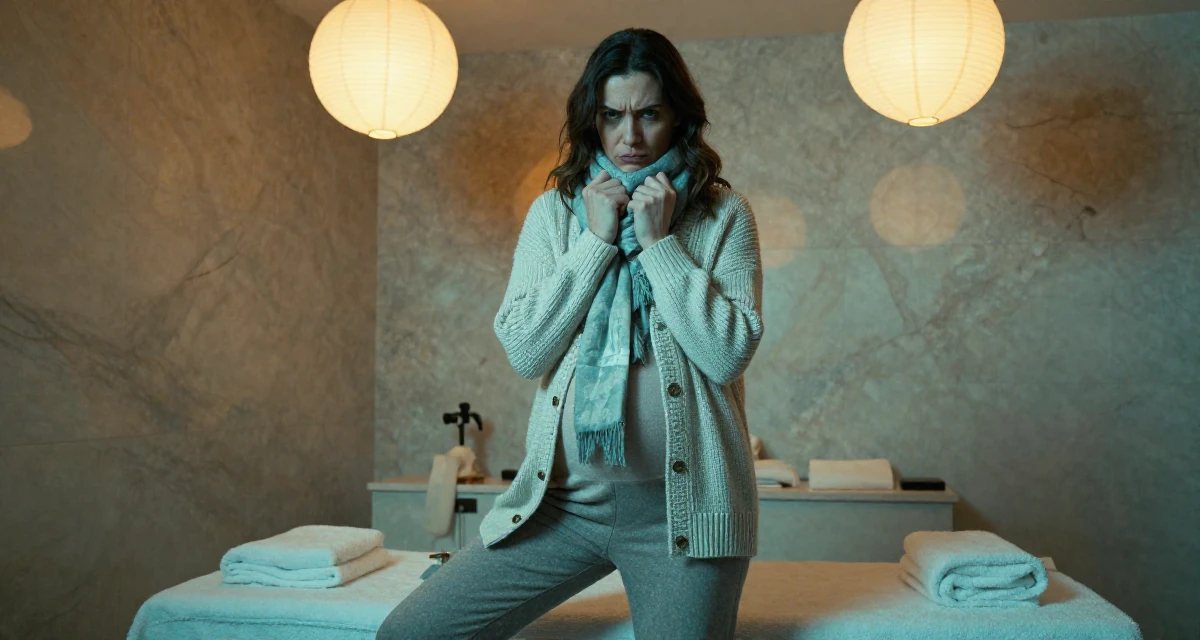 A defiant Female From Turkey, majored in mechatronics in their 36, preparing for a second child, wearing a cozy knit cardigan and slacks, wrapping a scarf around the neck in a luxury spa room.