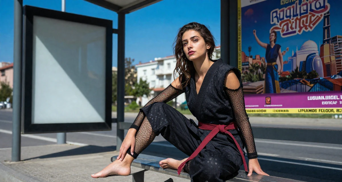 A fragile Female From Armenia, studied sociology in their 22, using sensual energy as empowerment instead of pressure, wearing a ninja kunoichi outfit with fishnet details, tapping a foot in a bus stop.