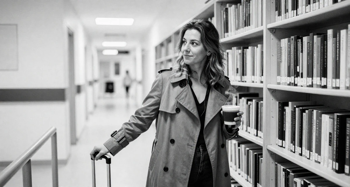 A smirking Female From Belgium, has a degree in international law in their 25, embracing solitude and self-discovery, wearing a stylish trench coat over basics, polling a luggage handle in a hospital corridor.
