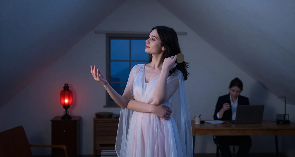 A serene and peaceful Female From Belgium, based in Ghent, graduated from a business school majoring in international marketing in their 24, juggling edits, shoots, and a boss who texts on weekends, wearing a ethereal spirit dress made of flowing sheer chiffon, brushing hair back in a attic room.