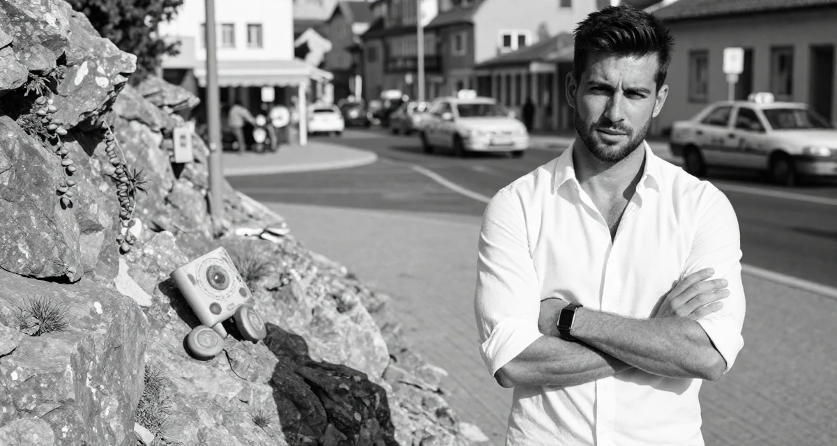 A confident male From Munich Germany, studied fitness conditioning and physique training in their 22, facing uncertainty about future stability, wearing a crisp button-up with rolled sleeves, tapping a foot rhythmically in a rocky ocean cliff.