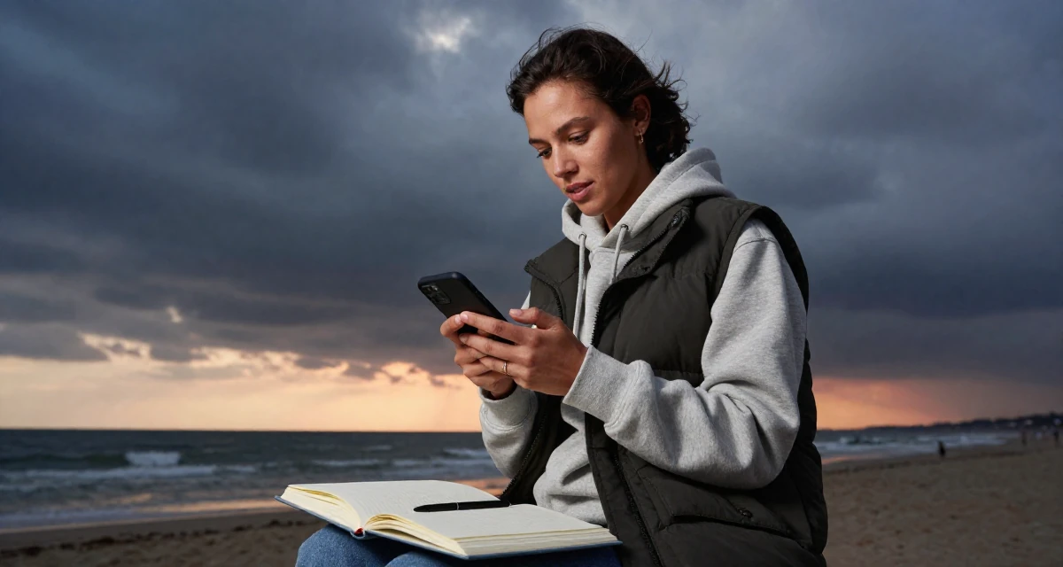 A inspired Female From Germany, based in Düsseldorf, graduated from a design university majoring in atmospheric visual storytelling in their 34, refining personal style to be timeless, wearing a layered vest over hoodie, checking a notification on a phone in a sunset beach.