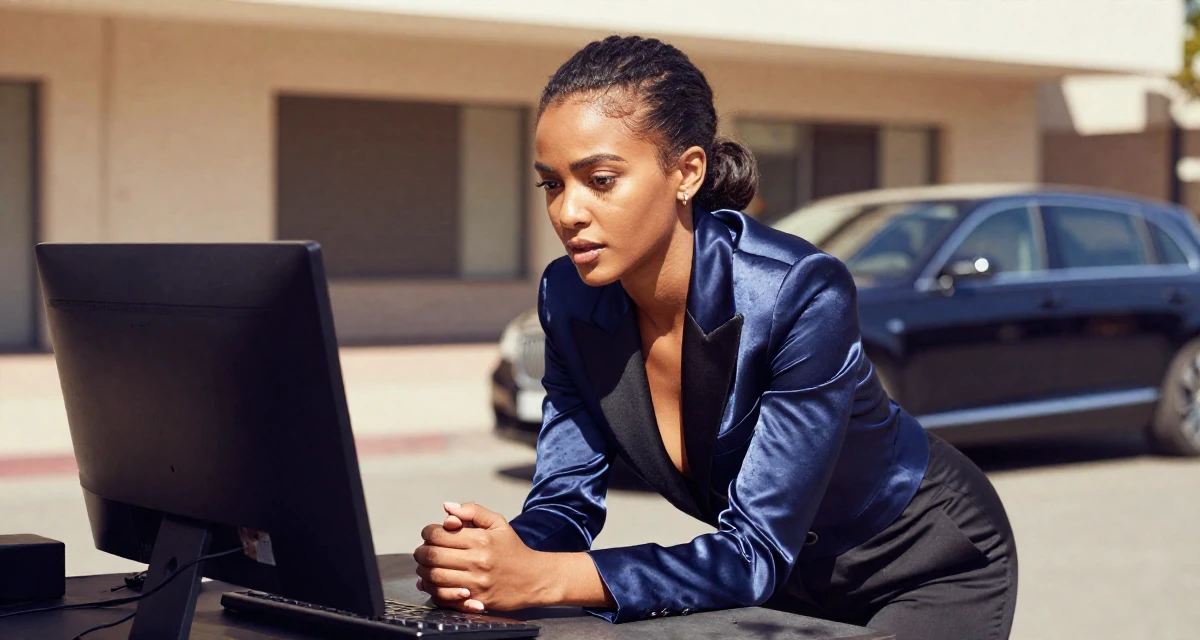 A sensual Female From Ethiopia, studied software development in their 33, balancing softness with inner strength, wearing a satin lapel blazer and tuxedo pants, clasping hands together in a concert hall.