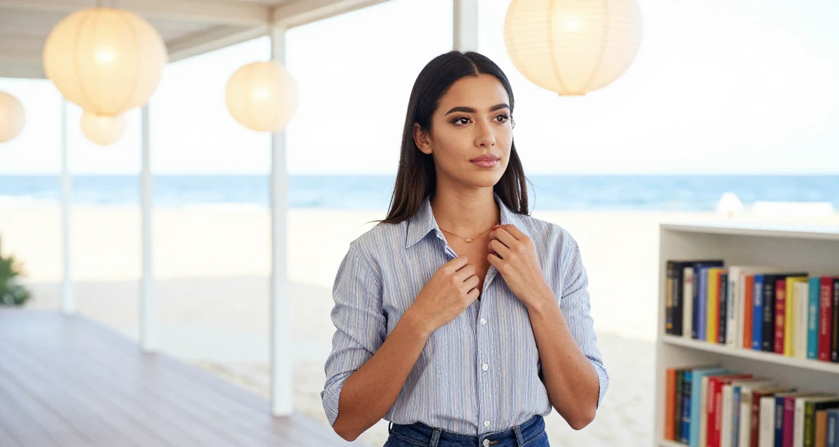 A calm and confident Female Grew up in Australia, majored in digital communication in their 23, discovering how makeup transforms flirty confidence, wearing a refined casual Friday look, adjusting a collar in a beach promenade.