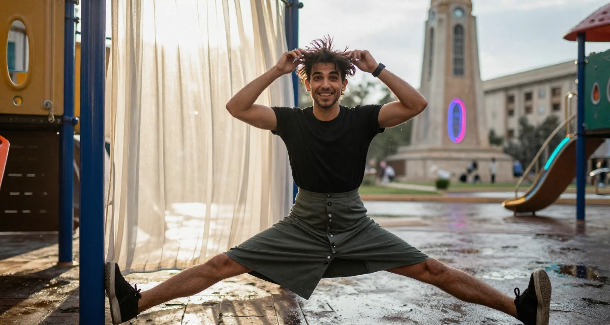 A warm and welcoming male From Syria, studied business IT in their 23, building content while fighting the urge to quit every week, wearing a fitted midi skirt with buttons down the front, messing up hair playfully in a school playground.