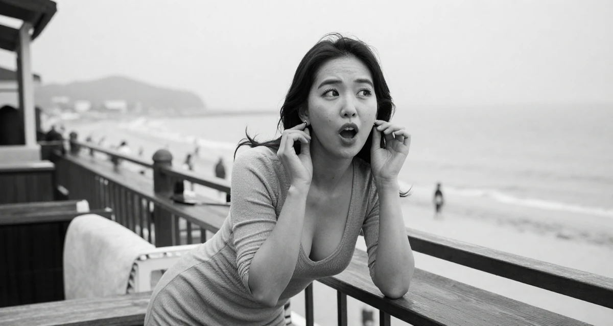 A playful and energetic Female From Seoul South Korea, studied international relations in their 23, balancing vulnerability and professionalism, wearing a soft knit dress with a plunging neckline, putting on earrings in a beach bar.