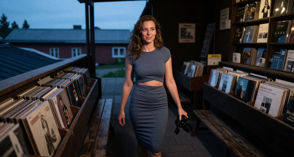 A lighthearted Female From Finland, studied agricultural economics in their 38, handling long working hours with discipline, wearing a fitted midi dress with a cutout at the waist, holding a camera in a vintage record store.