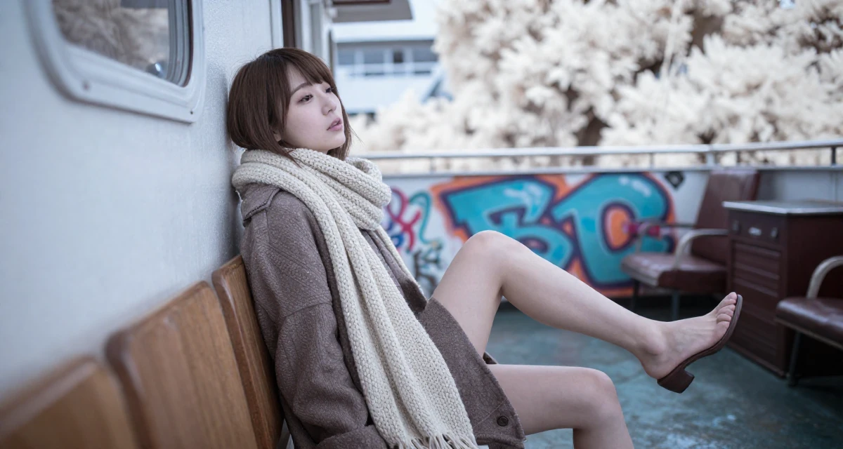 A lazy Female From Japan, based in Fukuoka, graduated from a media college majoring in soft-glam creative production in their 23, elevating content toward more polished sensual visuals, wearing a heavy knit scarf and coat, tapping a foot rhythmically in a ferry deck.