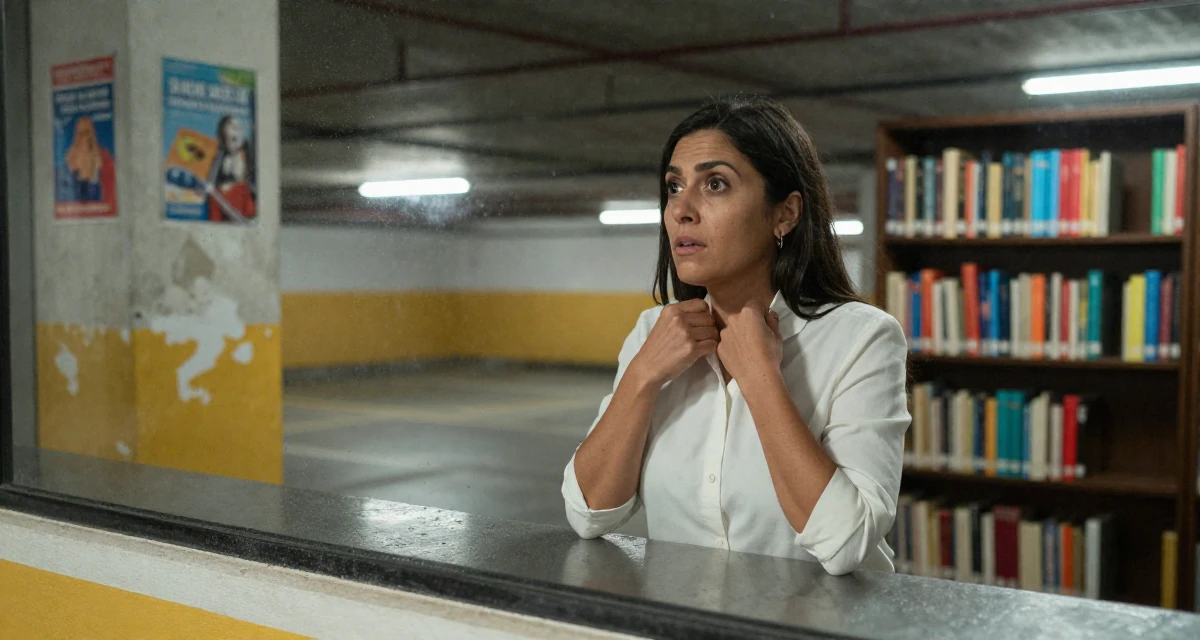 A awestruck Female From Peru, based in Arequipa, graduated from a local university majoring in business communication in their 40, re-evaluating life goals with clarity, wearing a minimalist Scandinavian style, fixing a collar in a underground parking garage.