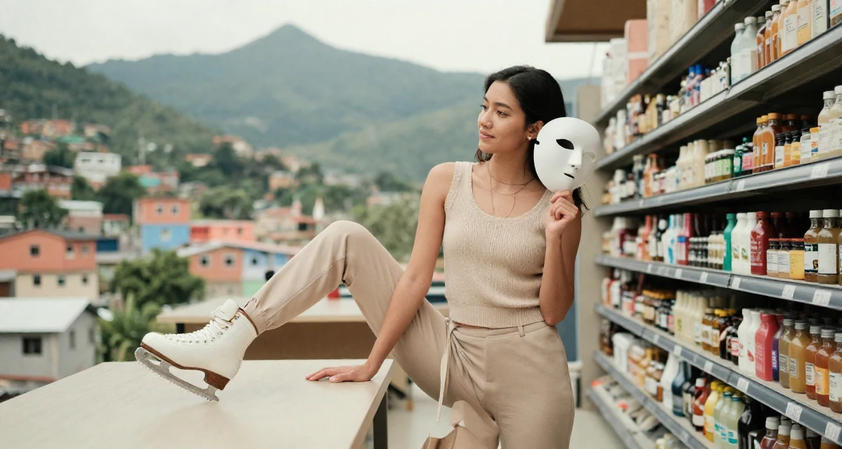 A lighthearted Female Former figure-skating student, now producing graceful aesthetic content in their 25, adjusting to newfound independence, wearing a monochromatic beige outfit with a knit top and trousers, holding a mask (cosplay/prop) in a supermarket aisle.