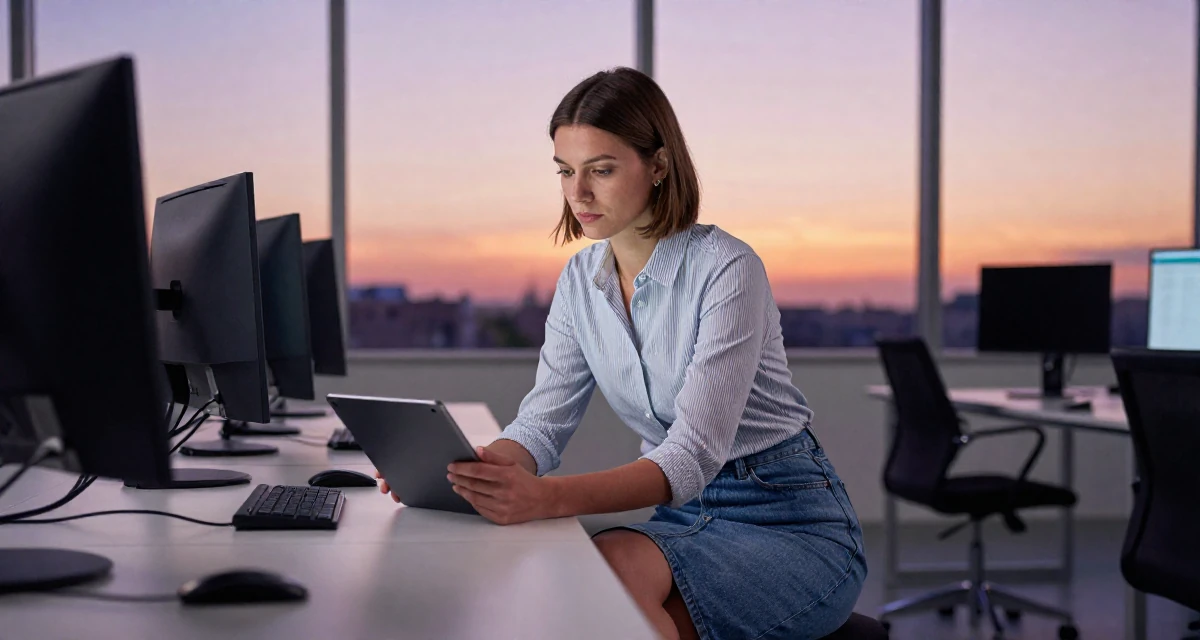 A serious Female From the United Kingdom, based in Manchester, graduated from a city university majoring in marketing strategy in their 22, experimenting with online creative platforms, wearing a striped button-down shirt tucked into a denim pencil skirt, holding a tablet in a cybernetic computer lab.