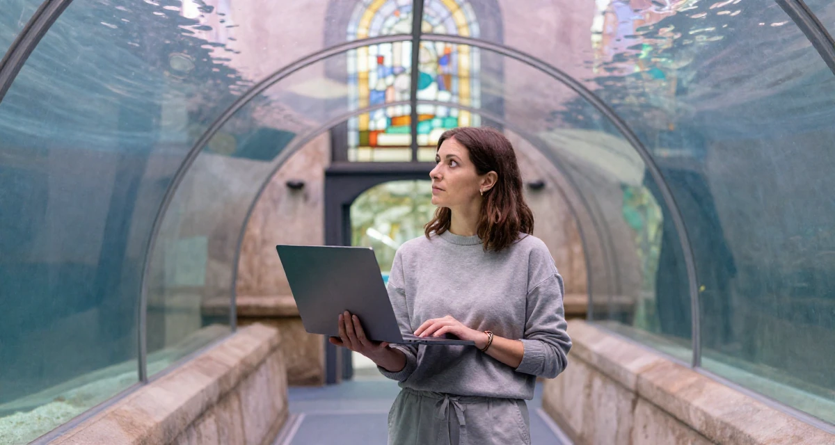A enigmatic Female Former volunteer teacher, now crafting empowering creator narratives in their 39, reflecting on a decade of professional growth, wearing a grey tones casual wear, holding a laptop in a aquarium tunnel.