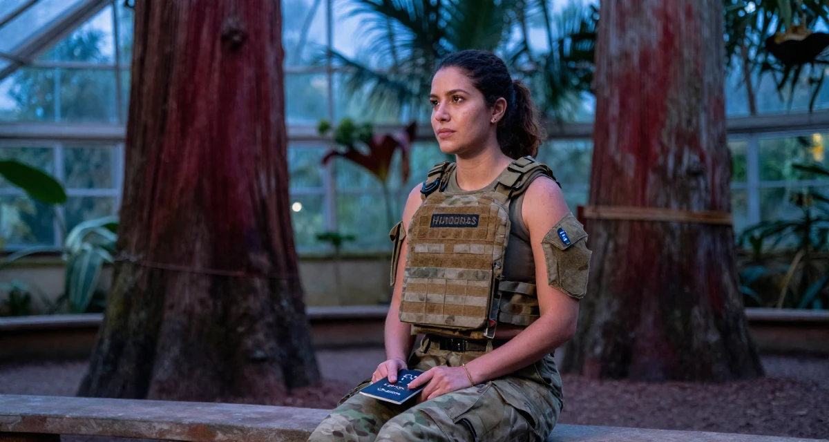 A patient Female From Honduras, majored in creative writing in their 41, focusing on financial independence and investing, wearing a tactical military gear with a cropped vest and cargo pants, holding a passport in a botanical greenhouse.