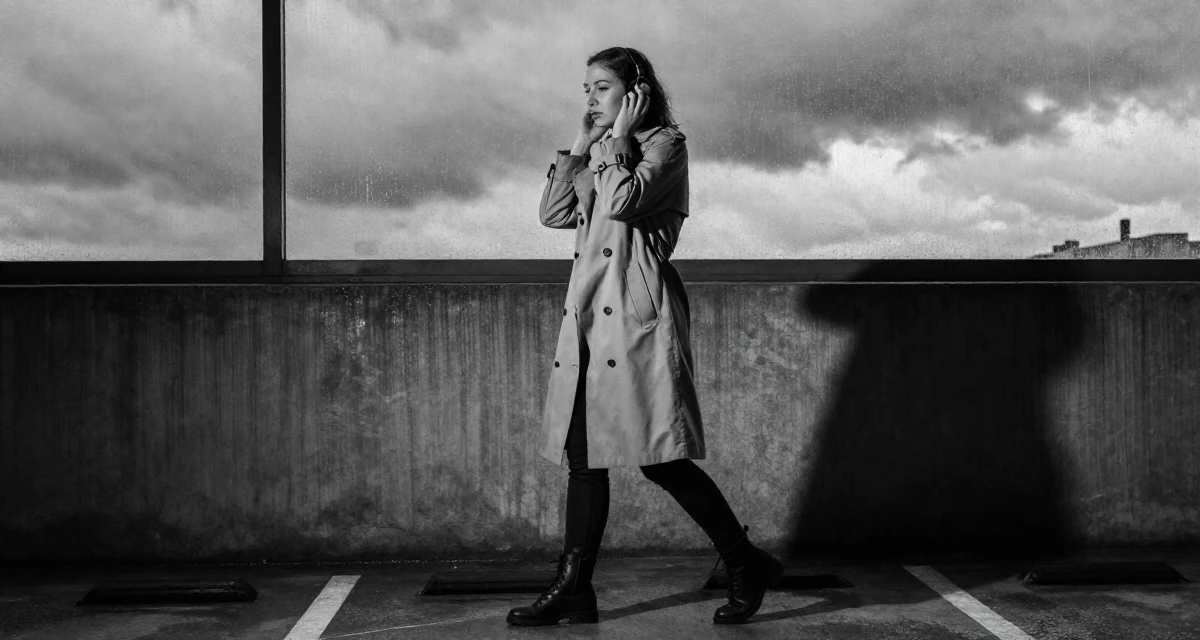 A wistful Female From England, majored in philosophy in their 24, prioritizing mental health over grinding, wearing a timeless trench and boots, adjusting headphones in a underground parking garage.