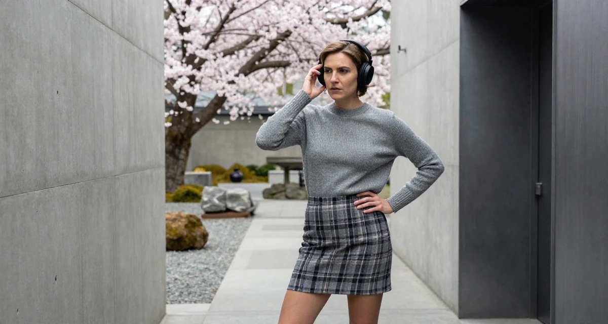 A determined Female From Canada, based in Vancouver, graduated from an arts institute majoring in creative media in their 23, recovering from early career burnout, wearing a fitted merino wool sweater and plaid mini skirt, adjusting headphones in a desert landscape.