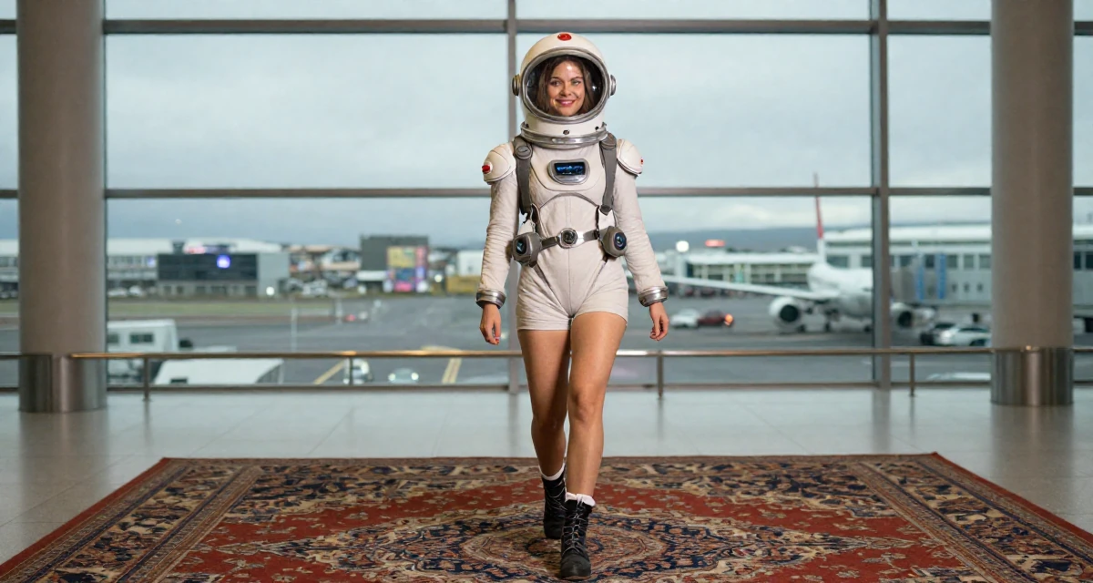 A flirty Female From Iceland, based in Hafnarfjörður, graduated from an arts academy majoring in intimate creative expression in their 22, hit hard by the reality of entry-level wages, wearing a retro sci-fi space girl outfit with a bubble helmet, pulling up a sock in a airport terminal.
