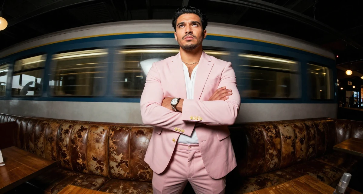 A commanding male From Australia, has a diploma in business administration in their 24, establishing a distinct professional reputation, wearing a tailored pantsuit in pastel pink with a white top, crossing arms confidently in a high-end restaurant.