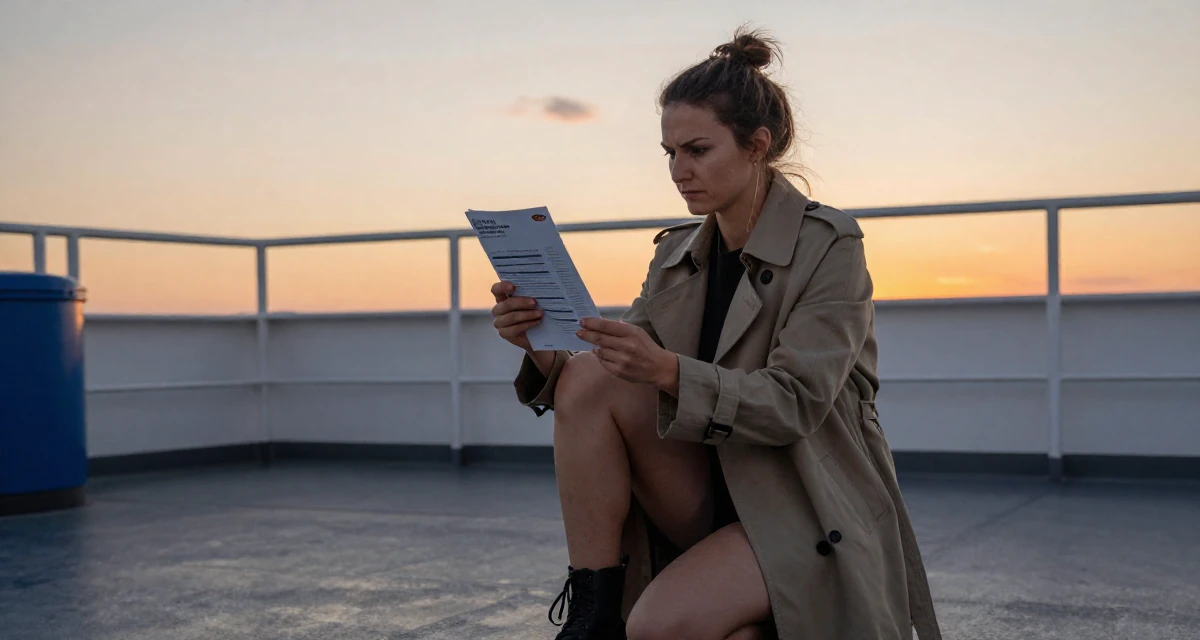 A intimidating Female From Czech Republic, based in Ostrava, graduated from a creative university majoring in emotional visual arts in their 25, setting long-term goals for subscriptions and renewals, wearing a timeless trench and boots, examining a product in a ferry deck.