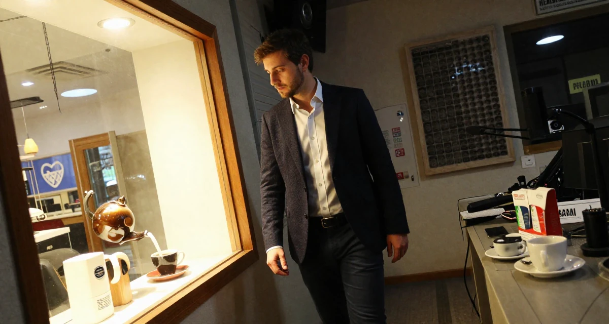 A nostalgic male From Thessaloniki Greece, majored in international economics in their 37, sharing tips for successful networking, wearing a elegant evening casual wear, examining a product in a radio station.