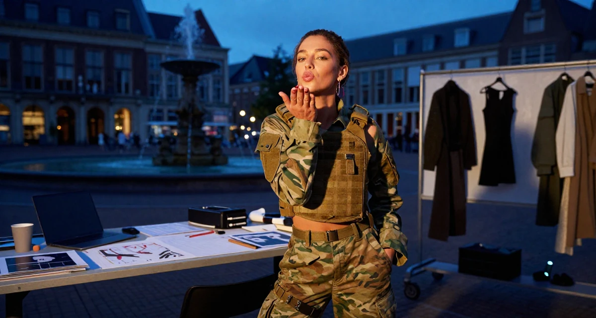 A alluring Female From the Netherlands, based in Rotterdam, graduated from a media academy majoring in contemporary sensual design in their 22, crafting content at midnight after work shifts, wearing a tactical military gear with a cropped vest and cargo pants, blowing a kiss in a fashion design studio.