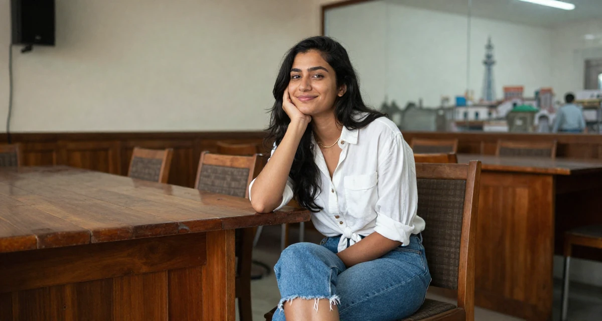 A relaxed and happy Female From Nepal, based in Pokhara, graduated from a local college majoring in entrepreneurship in their 24, figuring out how to manage trolls and harassment, wearing a button-down shirt tied at the waist and denim cutoffs, rolling up sleeves in a conference room.