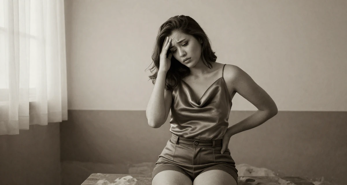 A soulful Female From Kuala Lumpur Malaysia, self-taught content creator specializing in color grading in their 25, dealing with anxiety about first paying subscribers, wearing a satin cowl neck top and tailored shorts, shifting weight impatiently in a waiting room.