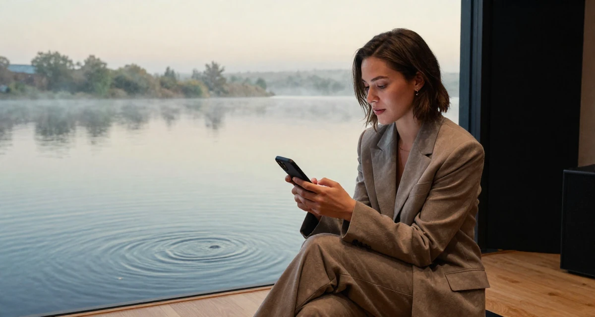A magnetic Female Former Uber driver, now building slow-burn lifestyle storytelling in their 33, considering switching careers, wearing a relaxed fit suit separate, checking a phone in a recording booth.