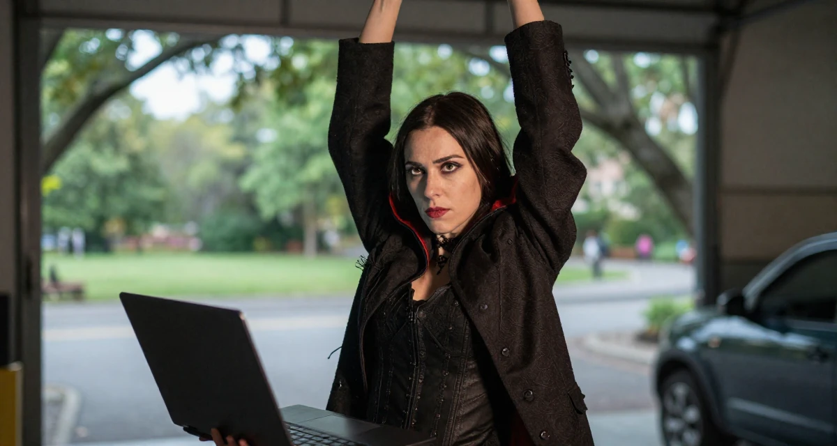 A lonely Female From Cebu Philippines, majored in nursing in their 39, preparing for a new chapter in a new city, wearing a gothic vampire hunter outfit with a long coat, holding a laptop in a mechanic garage.