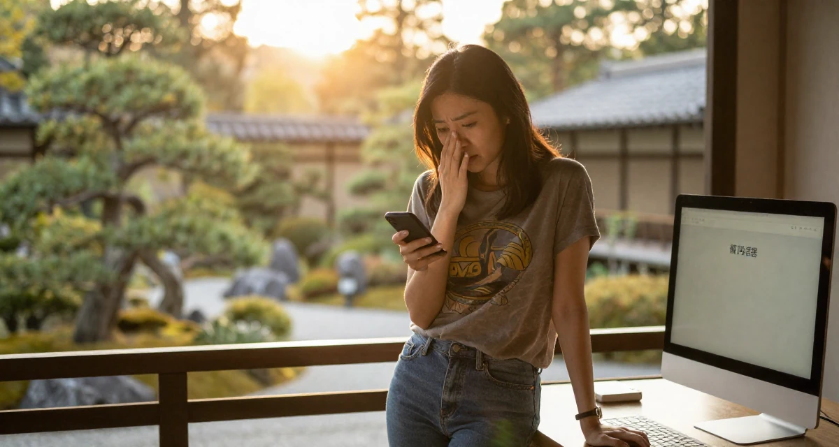 A emotional Female From Chongqing China, holds a degree in psychology in their 25, preparing for larger adult responsibilities, wearing a laid-back graphic tee and jeans, checking a phone in a dining room.