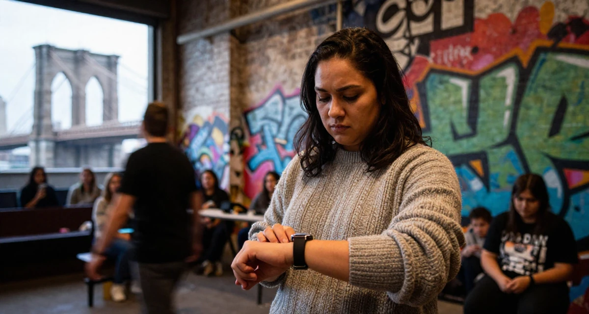 A mysterious Female From Jakarta Indonesia, developed body-positive messaging through community work in their 22, trying to build a capsule wardrobe on a budget, wearing a textured wool sweater, glancing at a wristwatch in a concert hall.