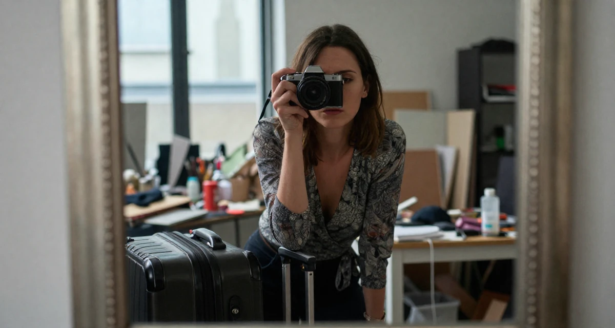 A melancholic Female From London United Kingdom, majored in media studies in their 20, hiding insecurity behind a cool facade, wearing a wrap blouse with a deep neckline, pulling a suitcase in a messy artist studio.