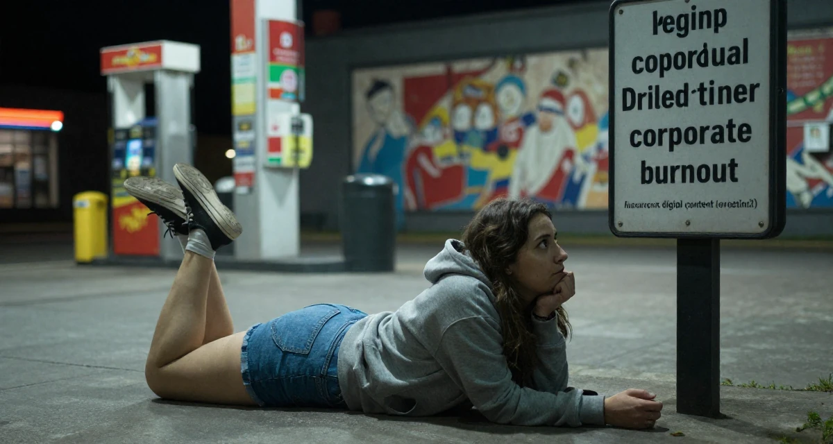 A soulful Female From Ireland, based in Cork, graduated from a regional college majoring in digital content creation in their 30, trying to escape corporate burnout, wearing a casual hoodie and denim shorts, looking at a street sign in a gas station at night.