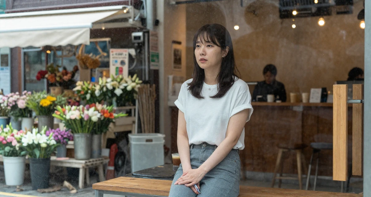 A sincere Female From Busan South Korea, majored in industrial design in their 22, dealing with inconsistent income month to month, wearing a minimalist everyday clothing, holding a pen in a trendy coffee shop.