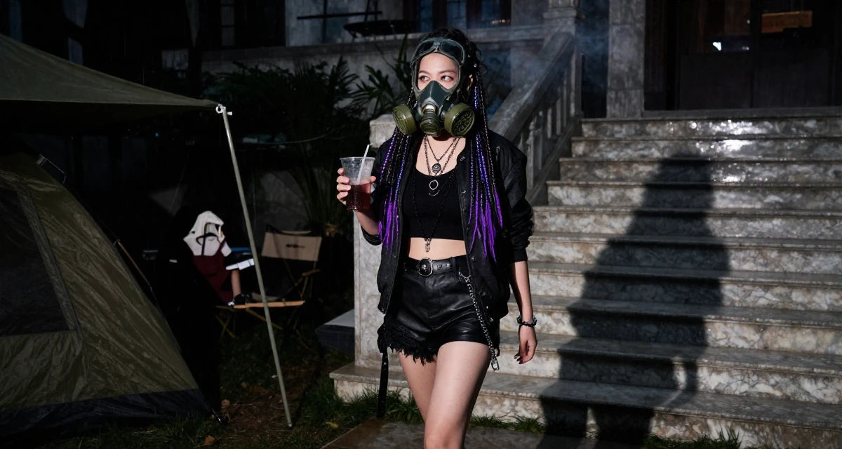 A unbothered Female From Suzhou China, grew up in a family tailoring business, learning costume craft in their 30, embracing a new level of self-assurance, wearing a cyber-goth outfit with gas mask and neon dreads, holding a cold drink in a camping site.