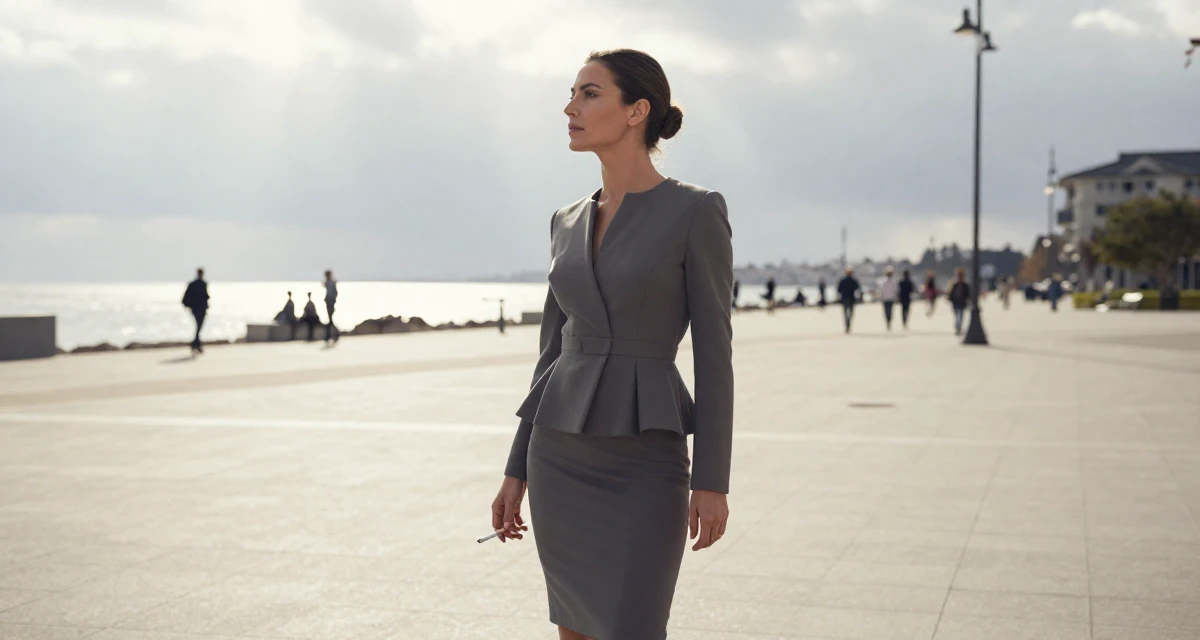 A empowered Female From United States, majored in hospitality operations in their 42, focused on stability over ambition, wearing a structured peplum jacket and a tight skirt, holding a cigarette (lit or unlit) in a pedestrian plaza.