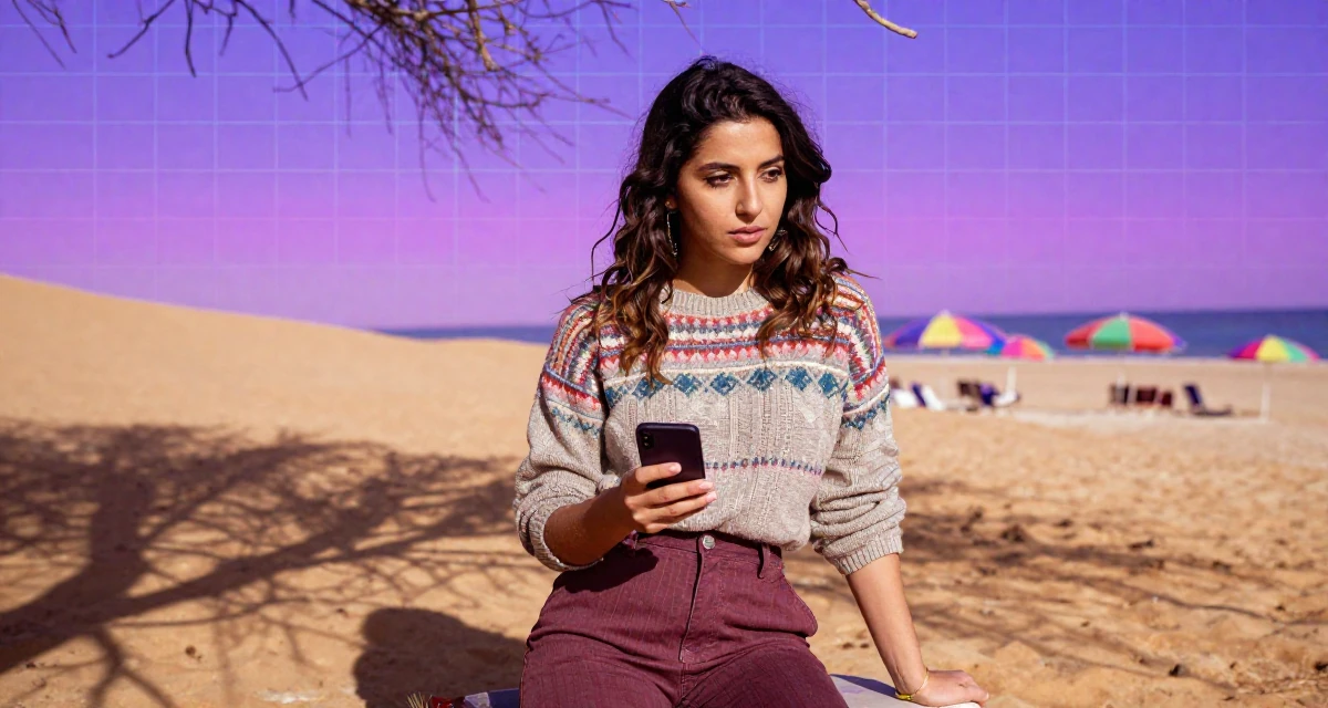 A longing Female From Tunisia, majored in data science in their 25, embracing full creative control over a bold persona, wearing a vintage sweater and high-waist pants, scrolling casually in a desert landscape.