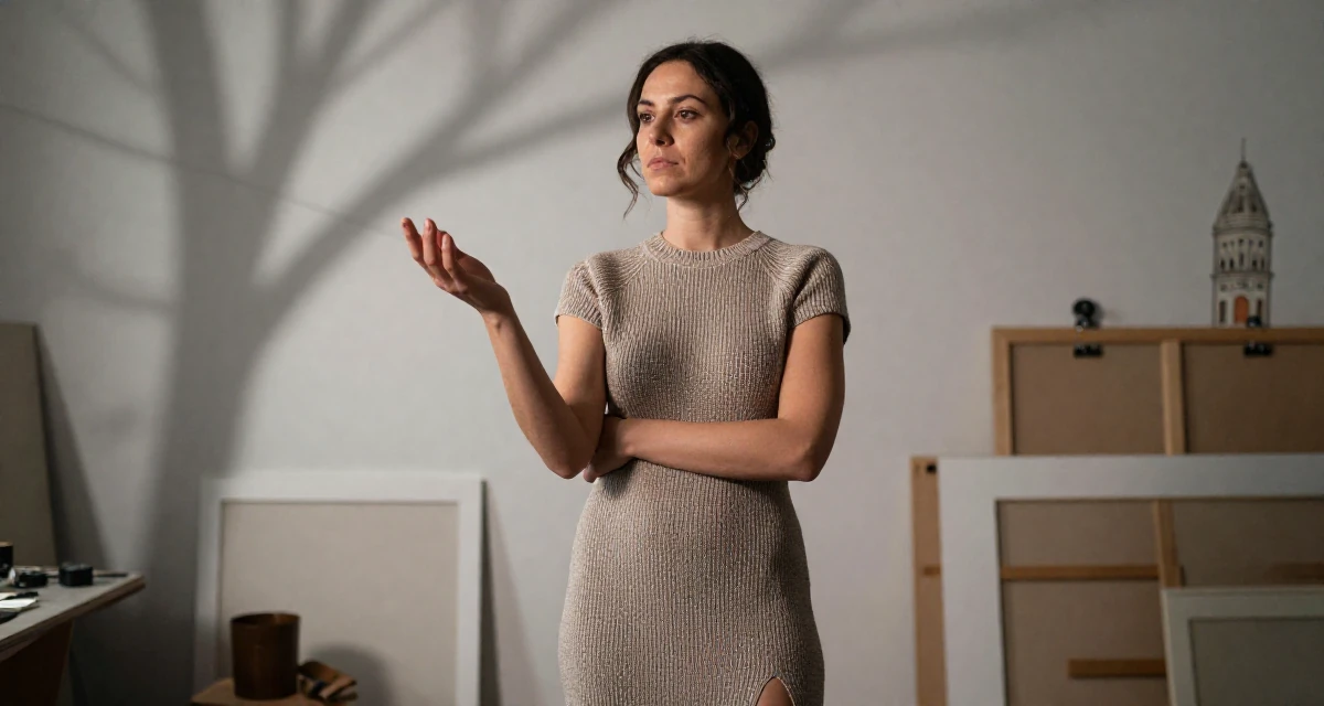 A moody Female From Lyon France, studied fashion marketing in their 43, juggling two jobs, wearing a fitted knit dress with a side slit, picking something up in a artist workshop.